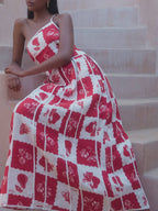 One Shoulder Spaghetti Strap Scalloped Trim Fruit Print Patchwork Maxi Dress