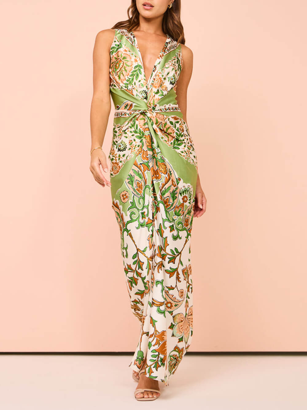 Paisley Print Sleeveless Deep V Neck Twist Front Maxi Dress