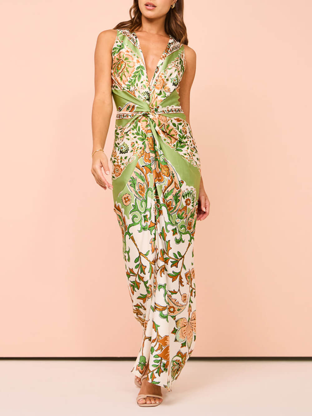 Paisley Print Sleeveless Deep V Neck Twist Front Maxi Dress