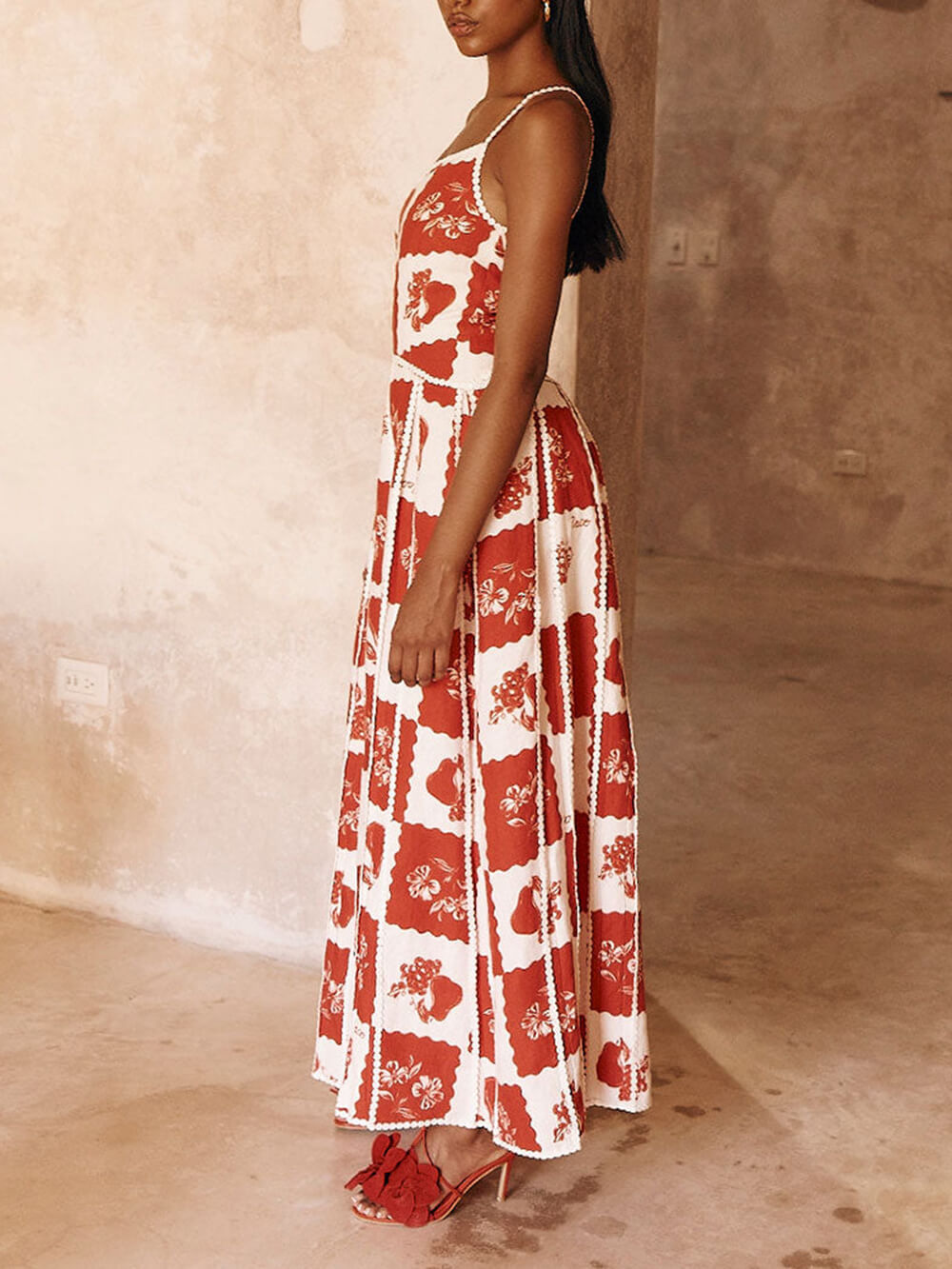 One Shoulder Spaghetti Strap Scalloped Trim Fruit Print Patchwork Maxi Dress