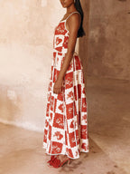 One Shoulder Spaghetti Strap Scalloped Trim Fruit Print Patchwork Maxi Dress
