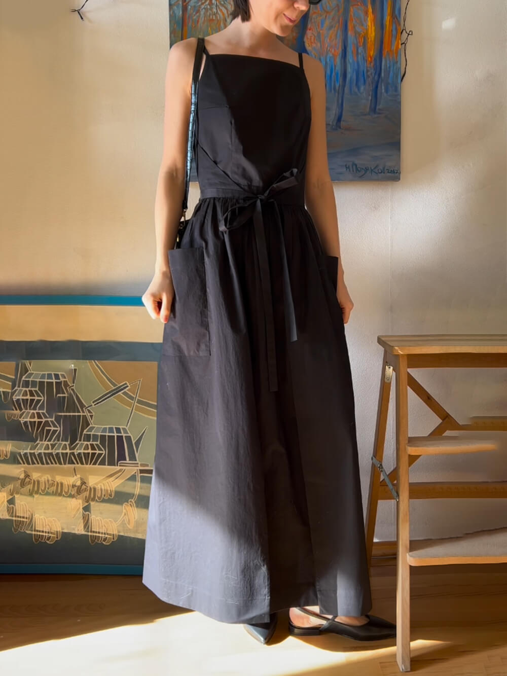 Square Neck Spaghetti Strap Tie Waist Pocket Maxi Dress