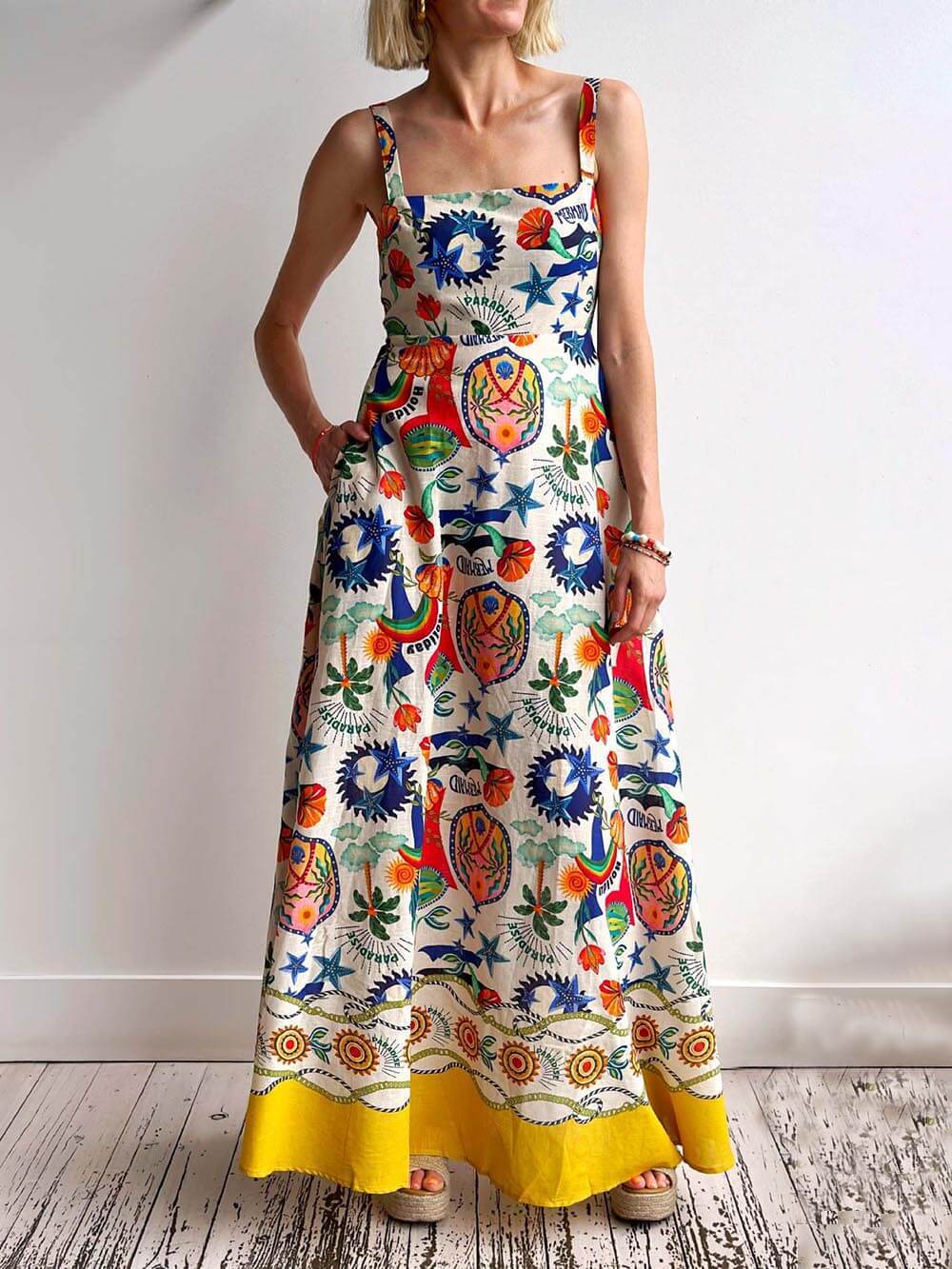 Tropical Graphic Print Square Neck Pocket Maxi Dress