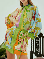 Botanical Print Bishop Sleeve Shirt Collar Tie Waist Button Mini Dress