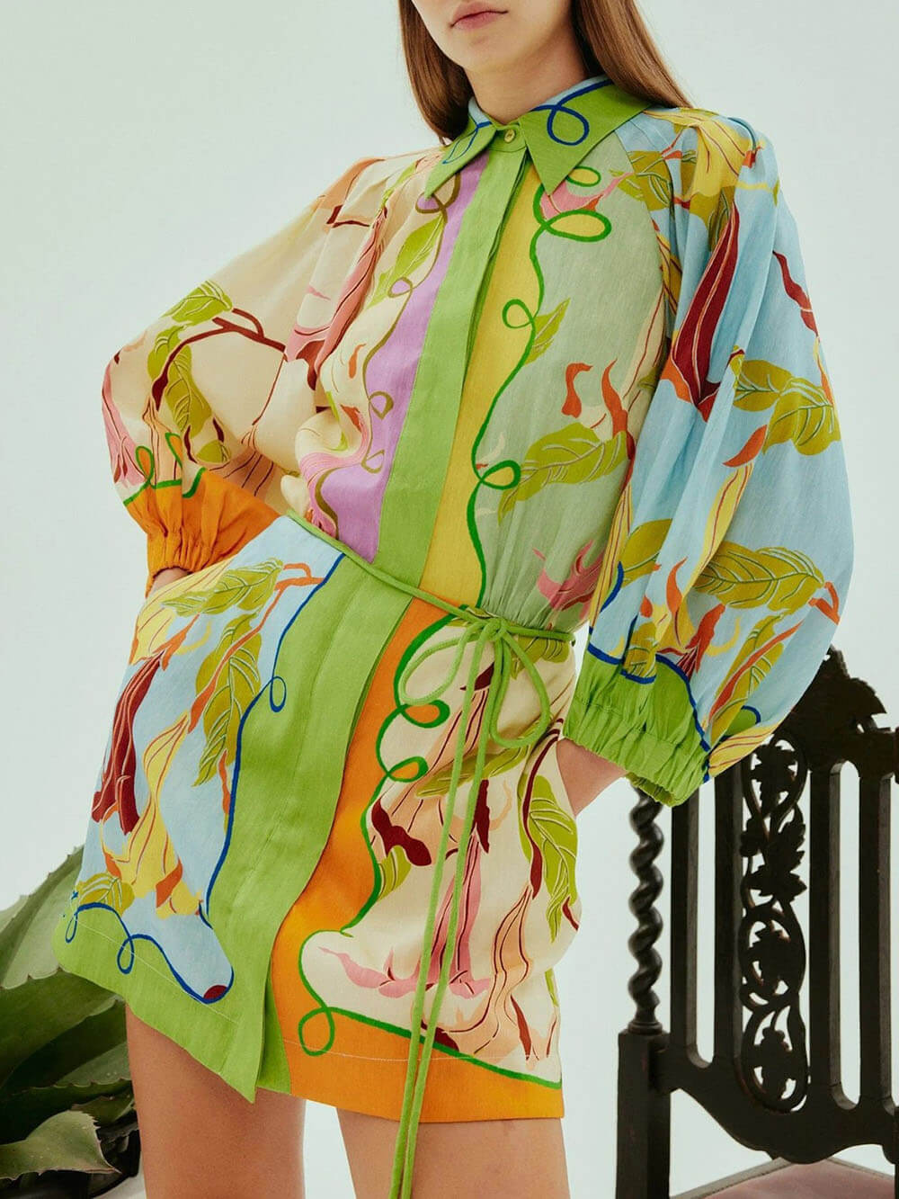 Botanical Print Bishop Sleeve Shirt Collar Tie Waist Button Mini Dress