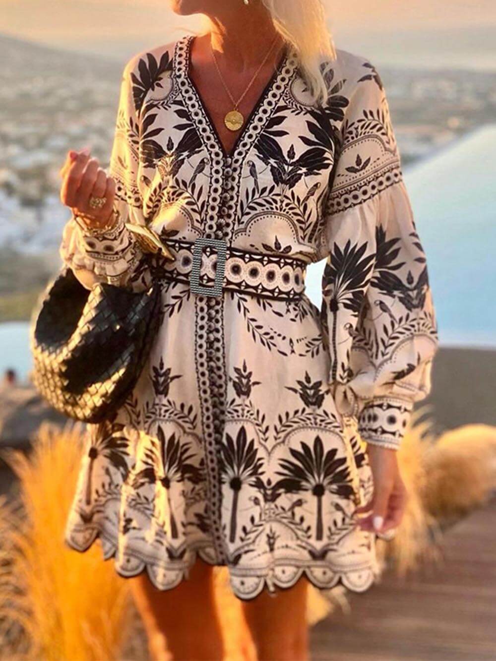 Palm Tree Print V-Neck Balloon Sleeve Belted Scalloped Hem Mini Dress