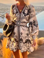 Palm Tree Print V-Neck Balloon Sleeve Belted Scalloped Hem Mini Dress