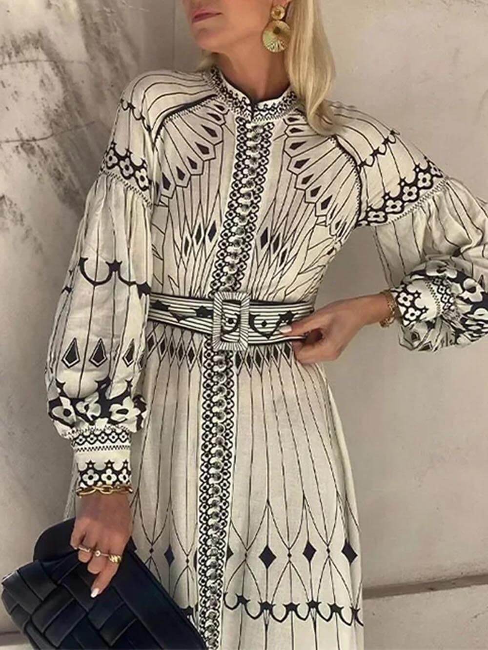 Ornamental Print Mandarin Collar Bishop Sleeve Belted Maxi Dress