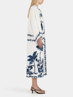 V-Neck Tie Neck Wide Sleeve Palm Tree Print Kaftan Maxi Dress