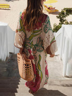 Botanical Print Bishop Sleeve Wrap Tie Waist Thigh Slit Maxi Dress