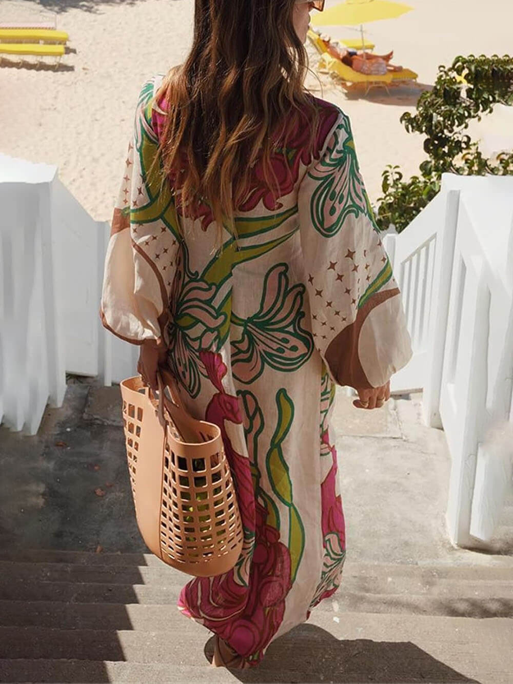 Botanical Print Bishop Sleeve Wrap Tie Waist Thigh Slit Maxi Dress