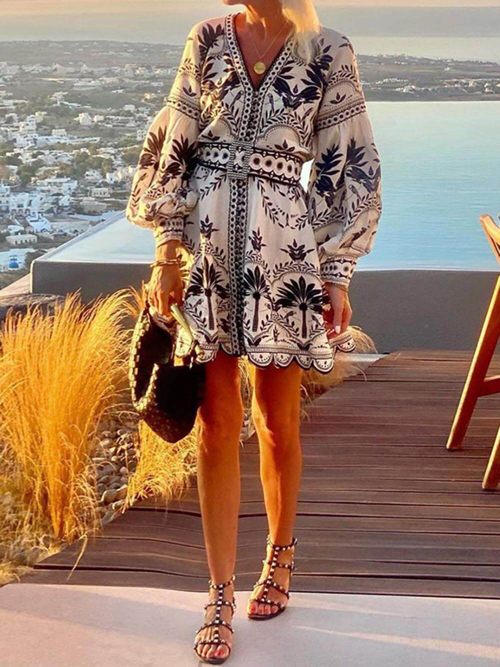 Palm Tree Print V-Neck Balloon Sleeve Belted Scalloped Hem Mini Dress
