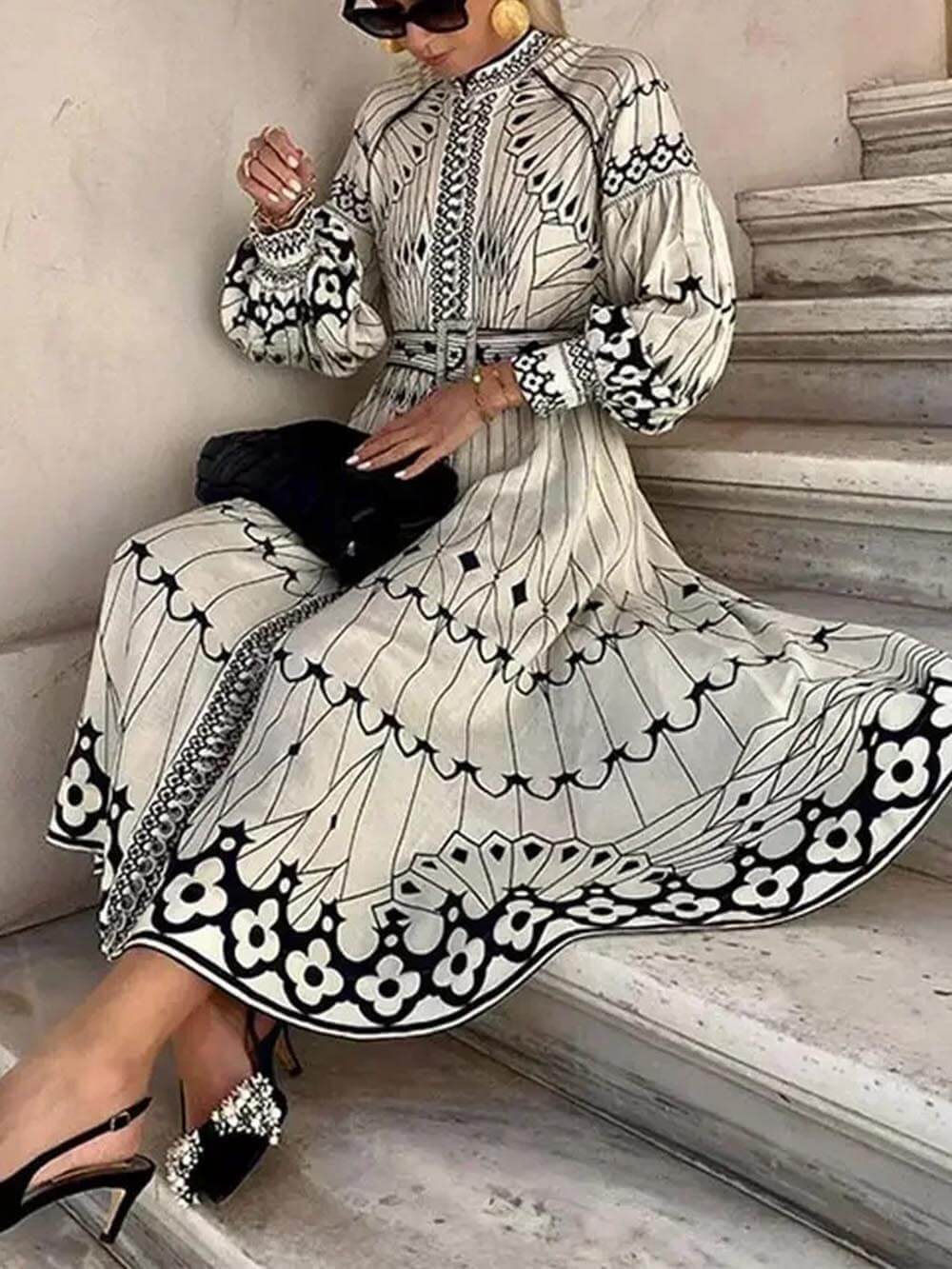 Ornamental Print Mandarin Collar Bishop Sleeve Belted Maxi Dress
