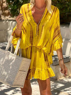 Tie Dye Batik Print V-Neck Ruffle Sleeve Ruffle Hem Two Piece Set
