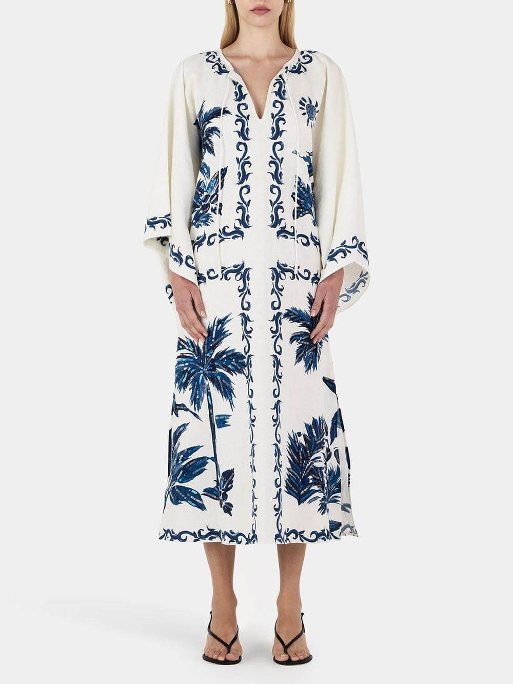 V-Neck Tie Neck Wide Sleeve Palm Tree Print Kaftan Maxi Dress