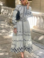 Ornamental Print Mandarin Collar Bishop Sleeve Belted Maxi Dress