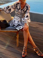 Palm Tree Print V-Neck Balloon Sleeve Belted Scalloped Hem Mini Dress