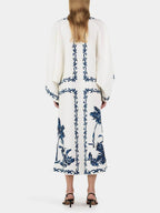 V-Neck Tie Neck Wide Sleeve Palm Tree Print Kaftan Maxi Dress