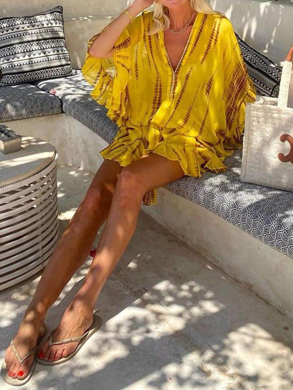 Tie Dye Batik Print V-Neck Ruffle Sleeve Ruffle Hem Two Piece Set