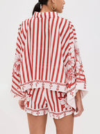 Unique Floral Print Wide Sleeve Shirt and Elastic Waist Pocketed Shorts Set