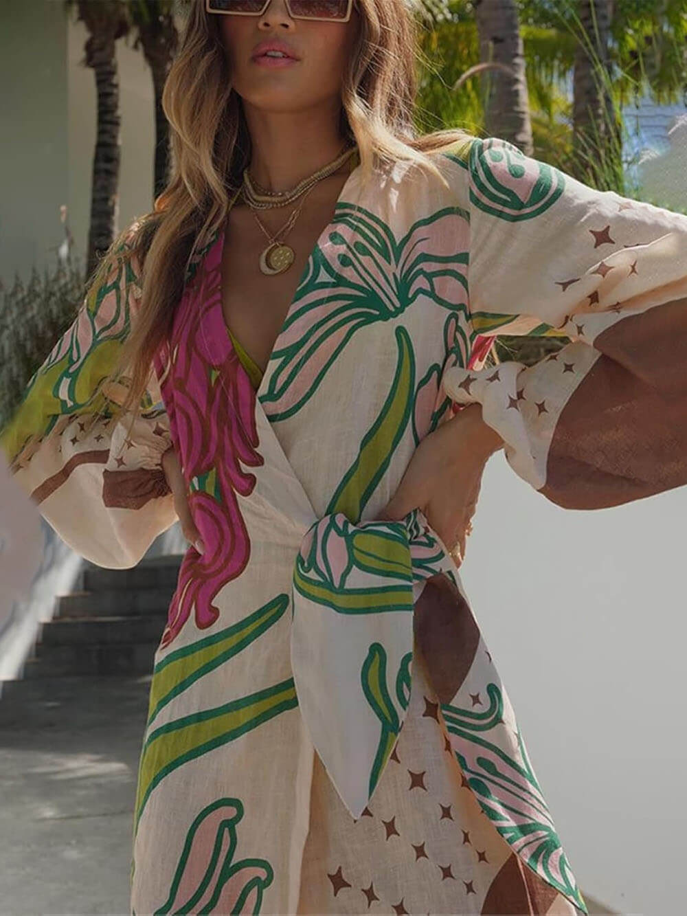 Botanical Print Bishop Sleeve Wrap Tie Waist Thigh Slit Maxi Dress