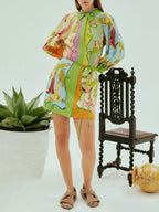 Botanical Print Bishop Sleeve Shirt Collar Tie Waist Button Mini Dress
