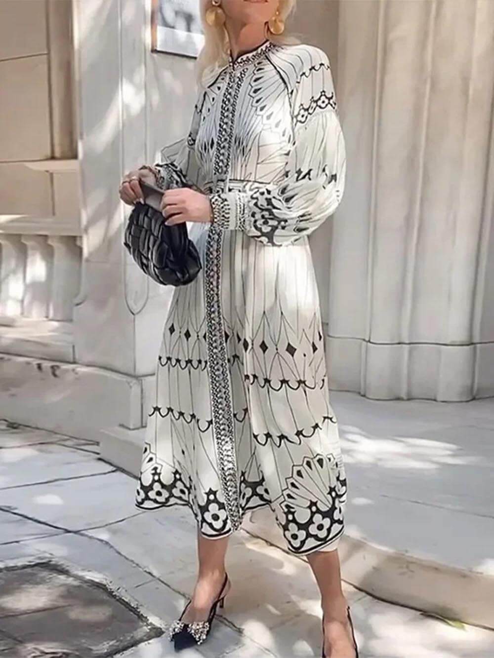 Ornamental Print Mandarin Collar Bishop Sleeve Belted Maxi Dress
