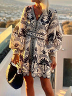 Palm Tree Print V-Neck Balloon Sleeve Belted Scalloped Hem Mini Dress
