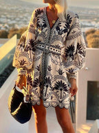 Palm Tree Print V-Neck Balloon Sleeve Belted Scalloped Hem Mini Dress