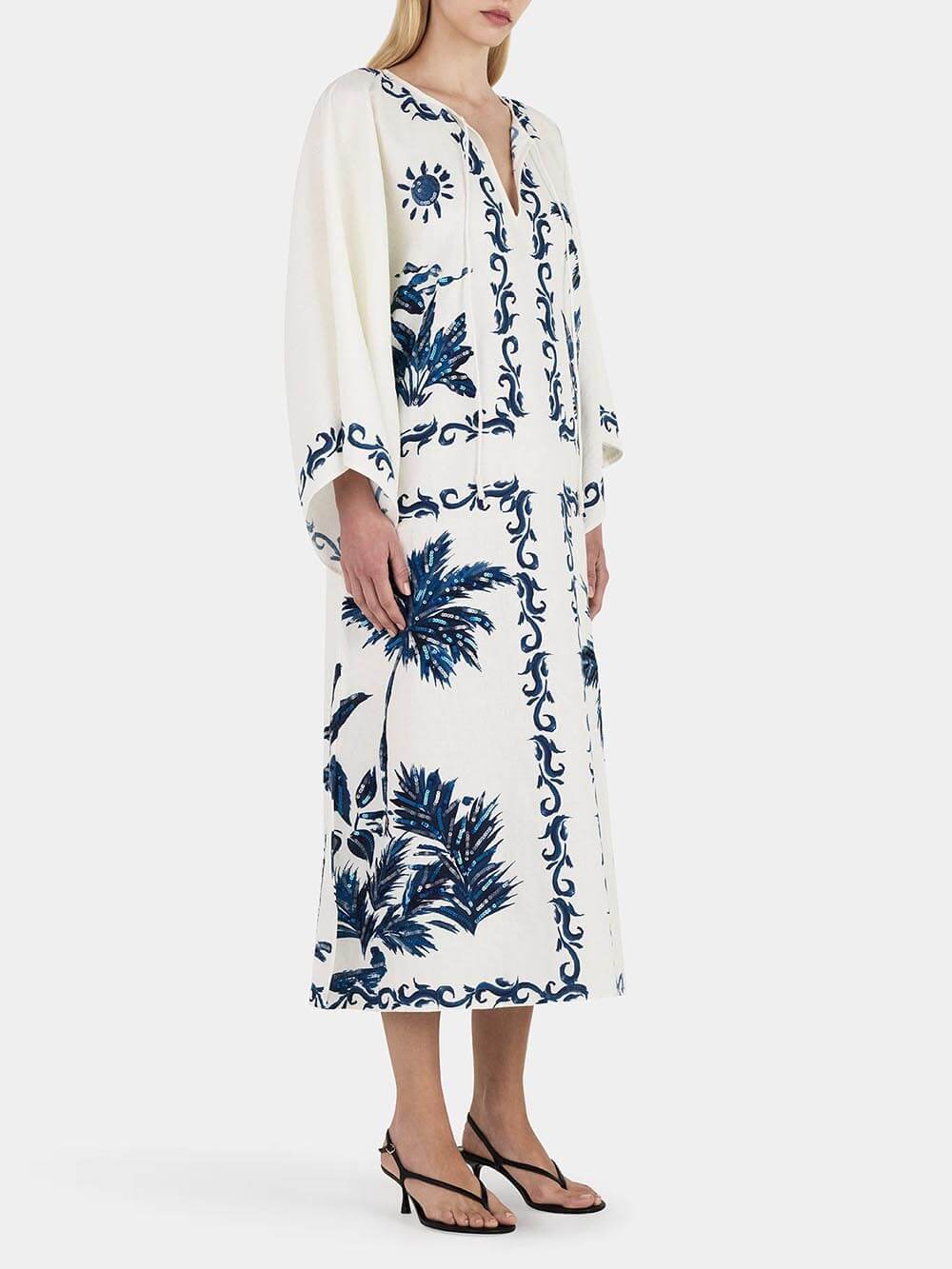 V-Neck Tie Neck Wide Sleeve Palm Tree Print Kaftan Maxi Dress