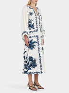 V-Neck Tie Neck Wide Sleeve Palm Tree Print Kaftan Maxi Dress