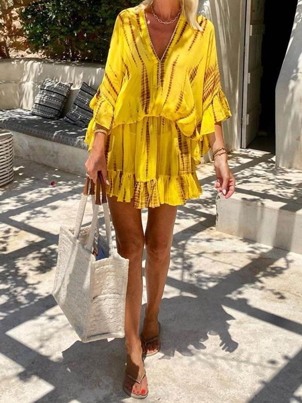 Tie Dye Batik Print V-Neck Ruffle Sleeve Ruffle Hem Two Piece Set