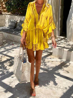 Tie Dye Batik Print V-Neck Ruffle Sleeve Ruffle Hem Two Piece Set