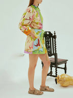 Botanical Print Bishop Sleeve Shirt Collar Tie Waist Button Mini Dress