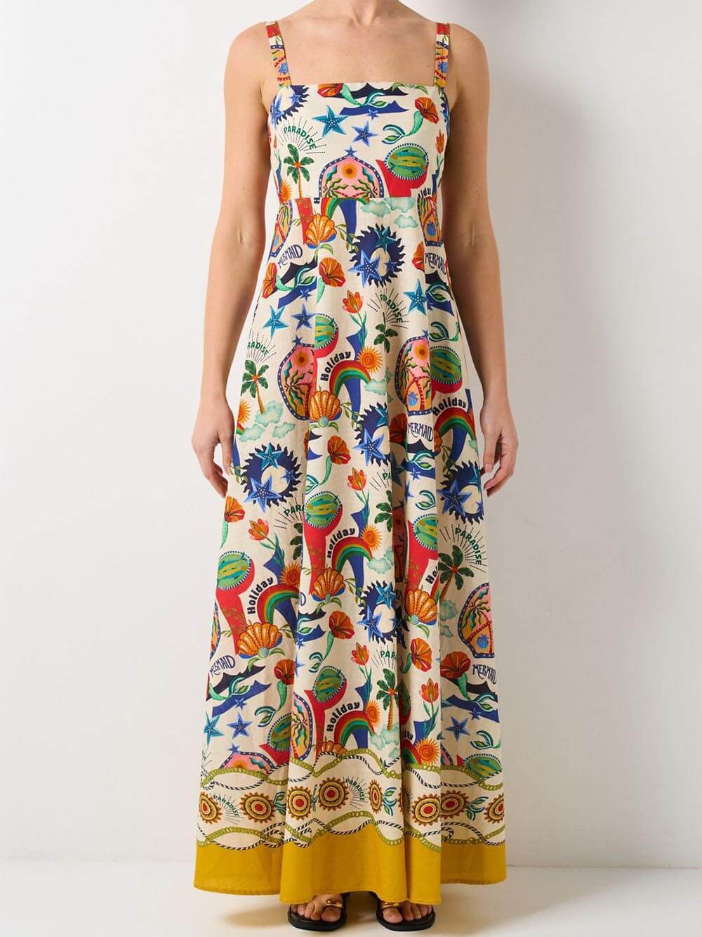 Tropical Graphic Print Square Neck Pocket Maxi Dress