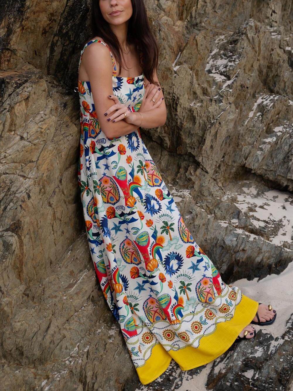 Tropical Graphic Print Square Neck Pocket Maxi Dress