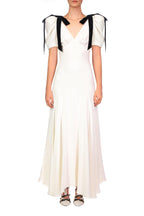 Deep V-Neck Puff Sleeve Velvet Bow Shoulder Maxi Gown