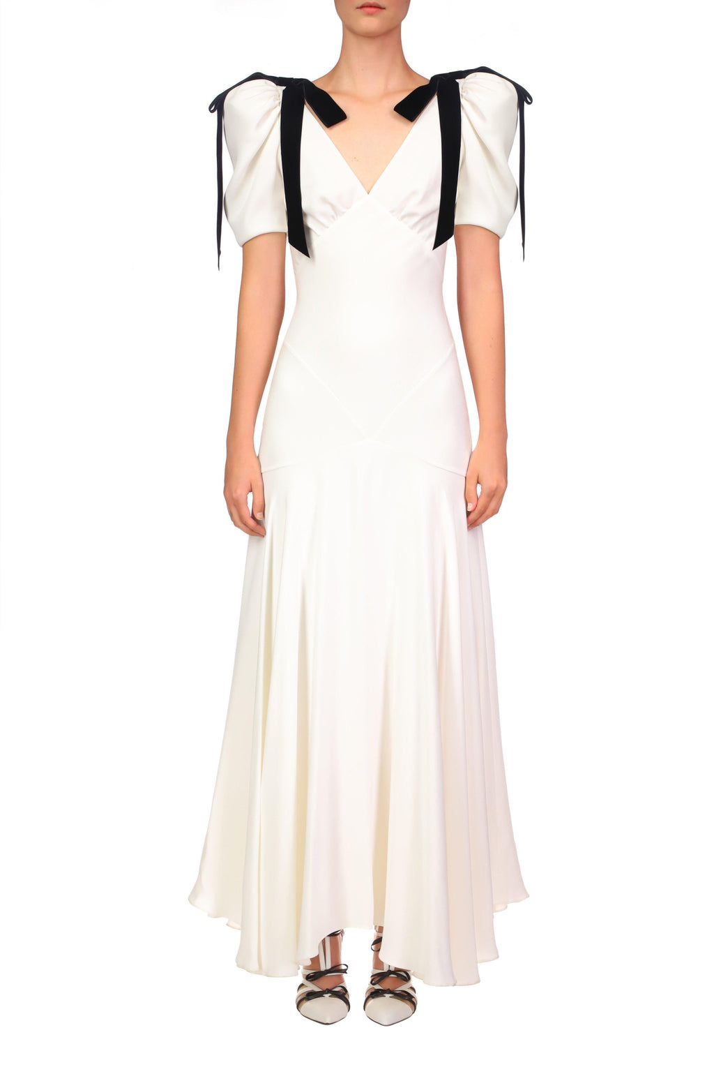 Plunging V-Neck Puff Sleeve Shoulder Bow Tie A-Line Maxi Gown