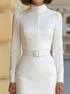High-Neck Belted Long-Sleeve Pleated Midi Dress