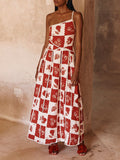 One Shoulder Spaghetti Strap Scalloped Trim Fruit Print Patchwork Maxi Dress