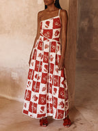 One Shoulder Spaghetti Strap Scalloped Trim Fruit Print Patchwork Maxi Dress
