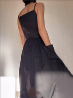 Square Neck Spaghetti Strap Tie Waist Pocket Maxi Dress