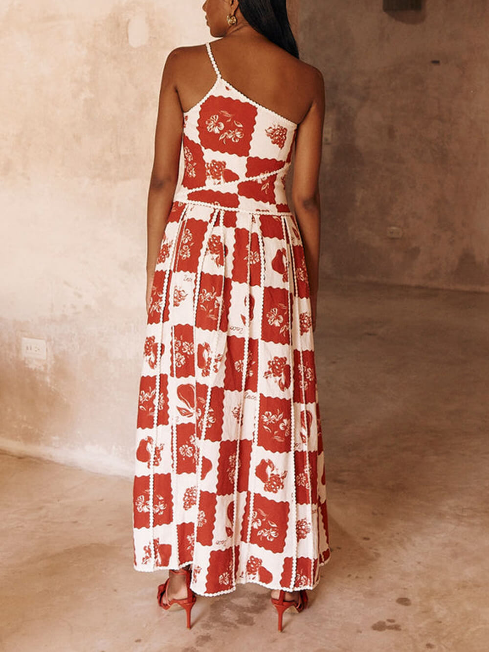 One Shoulder Spaghetti Strap Scalloped Trim Fruit Print Patchwork Maxi Dress