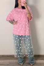 Heart Print Mesh Patchwork T-shirt Dress