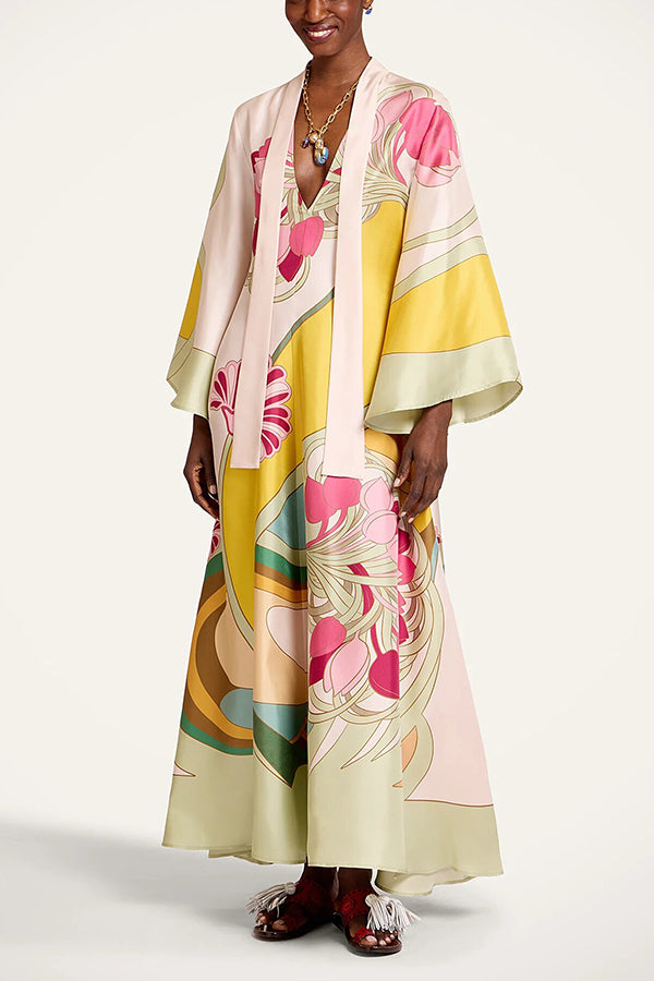Darla Satin Colorful Baroque Style Printed Tie-up Neck Bell Sleeve Maxi Dress