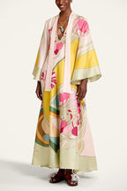 Darla Satin Colorful Baroque Style Printed Tie-up Neck Bell Sleeve Maxi Dress