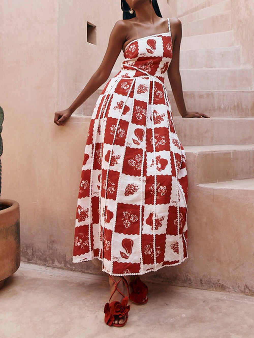 One Shoulder Spaghetti Strap Scalloped Trim Fruit Print Patchwork Maxi Dress