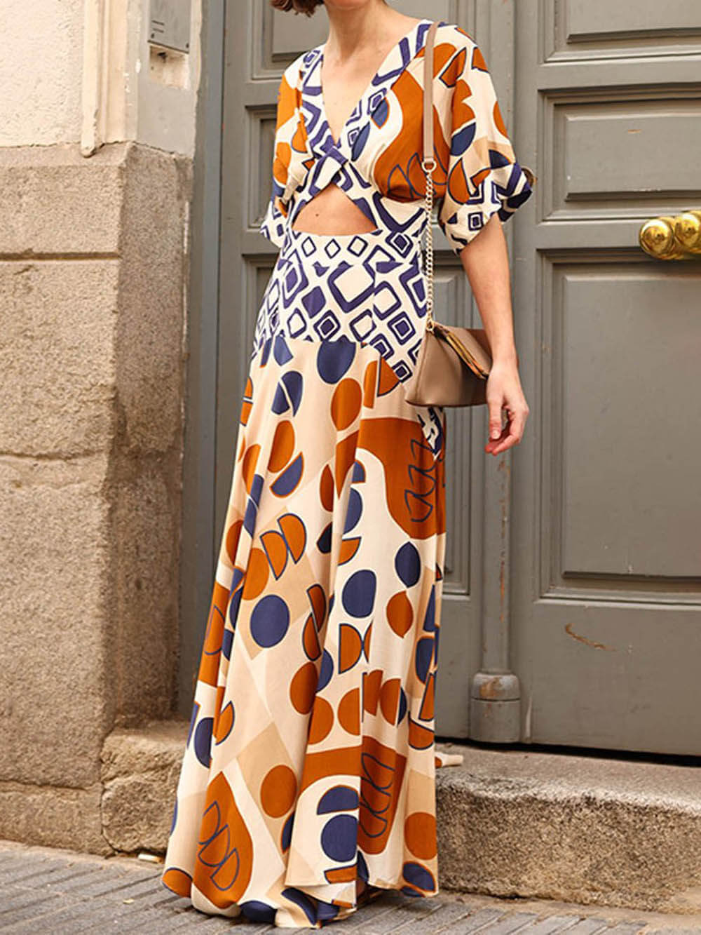 Geometric Print Puff Sleeve Diamond Cutout Twist Waist Maxi Dress