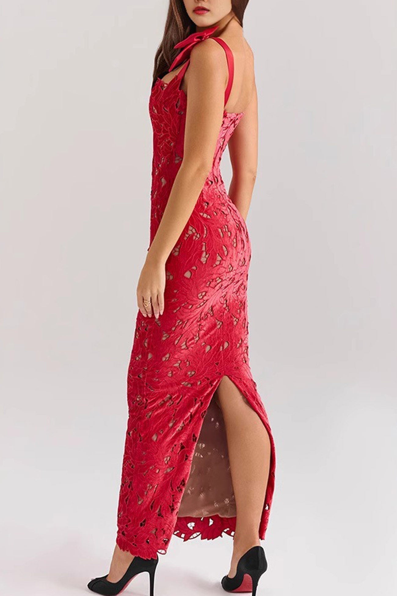 Floral Guipure Lace Shoulder Bow Sweetheart Column Maxi Gown