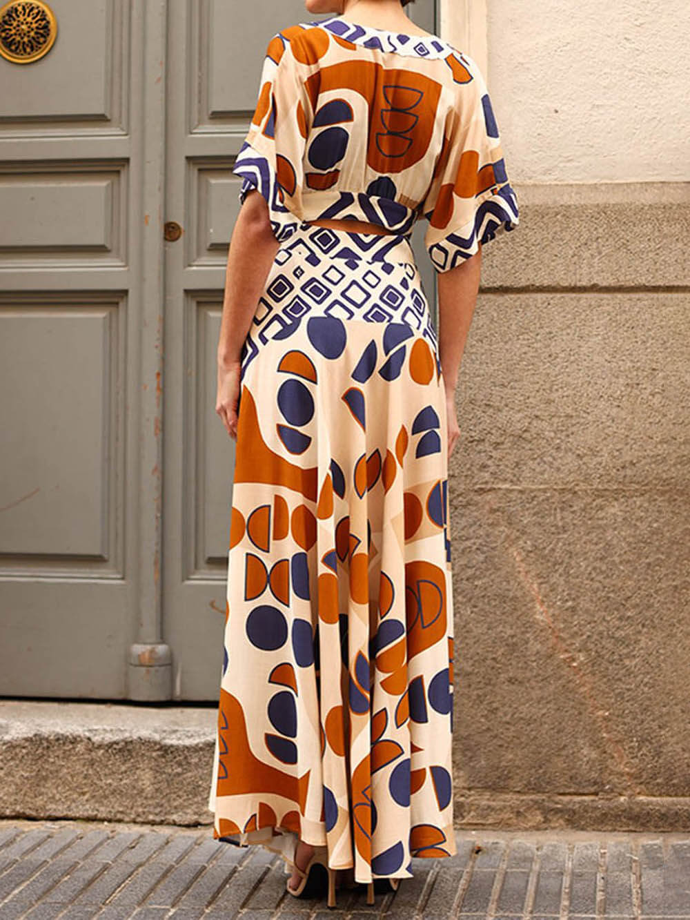 Geometric Print Puff Sleeve Diamond Cutout Twist Waist Maxi Dress